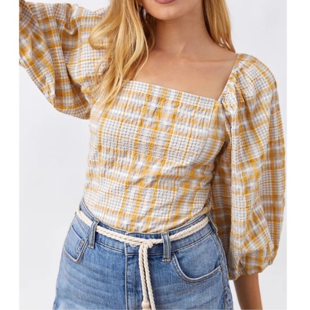 Maeve Anthropologie Plaid Square Neck Top XS
